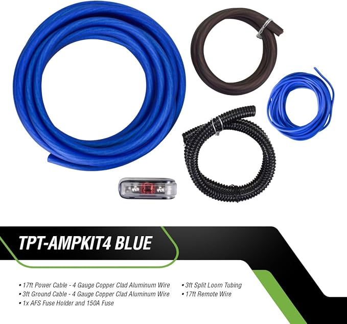 Timpano Amplifier Wiring Kit - 4 Gauge Amp Kit 2000 Watts Car Amplifier Installation CCA Cables Kit – 150 Amp Fuse Single Amp TPT-AMPKIT4 Blue