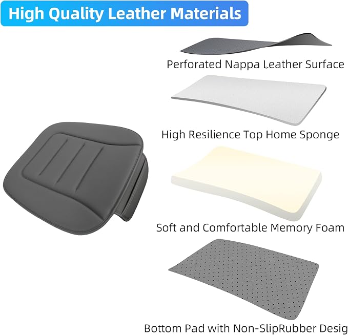 Car Seat Cushion, Comfort Memory Foam Car Cushions for Driving, Breathable Leather Surface with Anti Slip Rubber Bottom, Seat Cushion for Car and Office Chair (1 Pack, Grey)