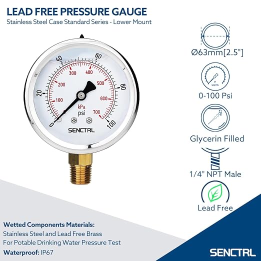 100 Psi Lead-Free Glycerin Liquid Filled Low Pressure Gauge, 2.5" Dial Size, 1/4" NPT Lower Mount, Stainless Steel Case, for Home Potable Water Pump, Air, Well, RV Hose, Pressure Test