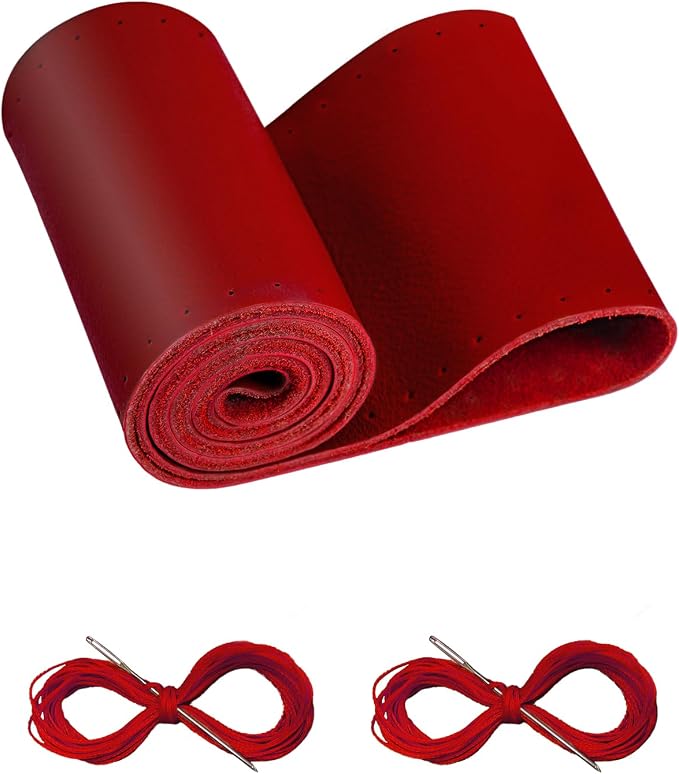 Leather Steering Wheel Cover Lace Up, Stitch on Steering Wheel Wrap, Universal Fit 13-20 Inch Car Truck Pickup Boat, A Whole Piece of Cowhide, DIY w/Needle Thread (Size M1, Red)