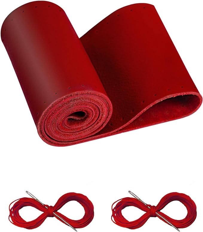 Leather Steering Wheel Cover Lace Up, Stitch on Steering Wheel Wrap, Universal Fit 13-20 Inch Car Truck Pickup Boat, A Whole Piece of Cowhide, DIY w/Needle Thread (Size XXL5, Red)