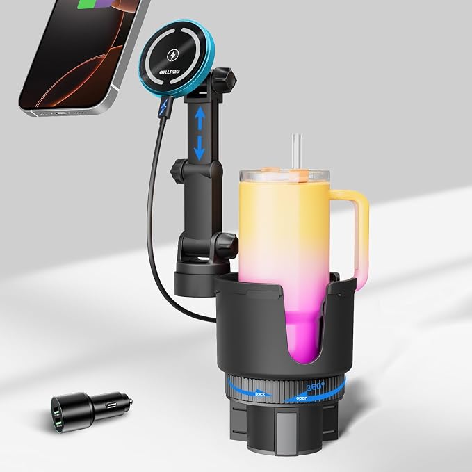 for MagSafe Car Charger Cup Holder Mount, 15W Fast Wireless Magnetic Charging Phone Holder for iPhone 17 16 15 14 13 Series, Adjustable Car Mount with Large Cup Base, One-Hand Operation