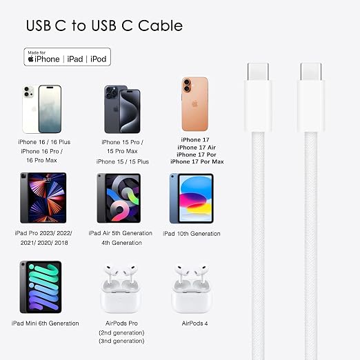 5FT USB C to USB C Woven Cable for iPhone 15/16/17, 16/15 Pro Max, Plus, 17E/16E,Air Car Carplay Charger Cord, AirPods 4,AirPods Pro (2nd/3rd Gen) Fast Charging Cable, iPad Pro/ iPad Air Charger Cable