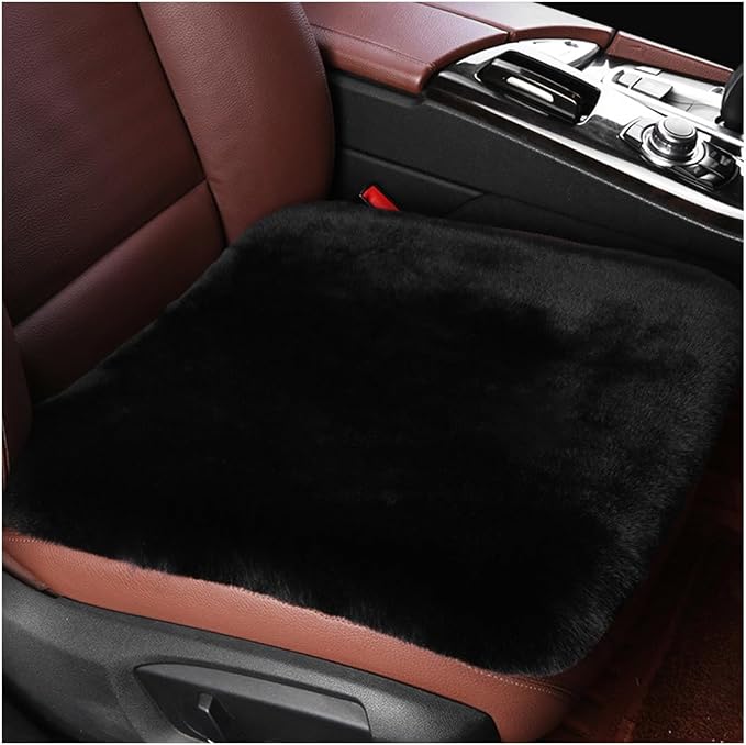 Sheepskin Car Seat Cushion, Comfortable Soft Fur Wool Auto Front Seat Cover, Vehicle Seat Protector Pad for Warm Winter Office Chair, Universal Decor Car Accessories (Black)