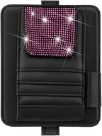 Bling Car Sun Visor Organizer, Multi Pocket Crystal Rhinestone Vehicle Sunshade Card Sleeve Storage Pouch with Pen Sunglass Holder, Auto Interior Visor Organizer Pouch, Universal Fit (Pink)