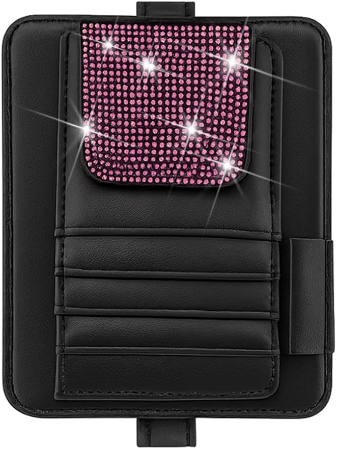 Bling Car Sun Visor Organizer, Multi Pocket Crystal Rhinestone Vehicle Sunshade Card Sleeve Storage Pouch with Pen Sunglass Holder, Auto Interior Visor Organizer Pouch, Universal Fit (Pink)