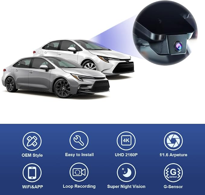 4K Dash Cam Suitable for Toyota Corolla 2023-2026 Sedan Hybrid Hatchback, OEM Factory Look, 2160P UHD Video, Built-in WiFi & APP, Loop Recording, G-Sensor, Easy to Install, 64GB Card