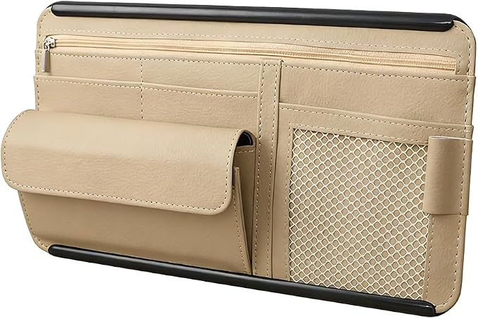 Car Sun Visor Organizer with Zipper Pocket, Multi-Pocket Vehicle Visor Storage Pouch with Card Sleeve, Eyeglasses Holder Box, Auto Interior Sunvisor Organizer Pocket, Universal Fit (Beige)