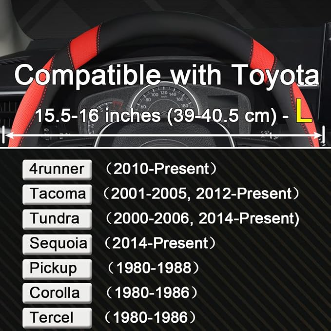 Customized Auto Car Steering Wheel Cover for Toyota Tacoma,4Runner,Tundra,Sequoia,15.5-16 inch (Black+Red-Large Size)