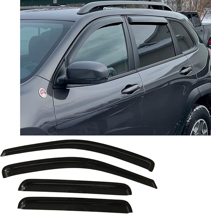 Side Window Wind Vent Deflector fit for 2014-2022 Jeep Cherokee, 4pcs Out-Channel Tape-On Rain Guards Set, Dark Smoke Nice Window Visor Exterior Car Accessories 94981