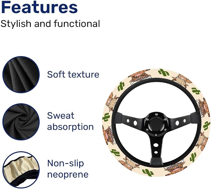 Cute Highland Cow Steering Wheel Cover, Non Slip Polyester Car Wheel Protector for Car SUV Truck, Universal 15 Inch
