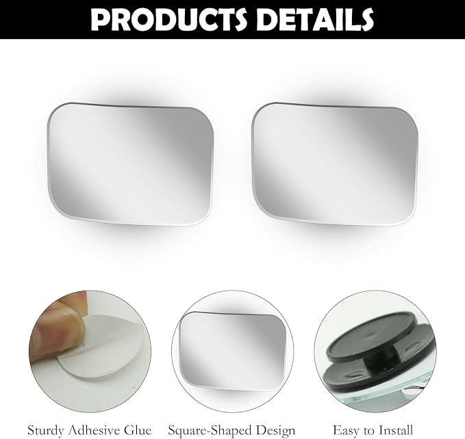 2Pcs Cars Square Blind Spot Mirrors, Car Side Mirror Blindspot Adjustabe Angle 360 Degree Wide Angle Convex RearView Removable for Enhanced Safety Universal Accessories for Suvs RVs Trucks