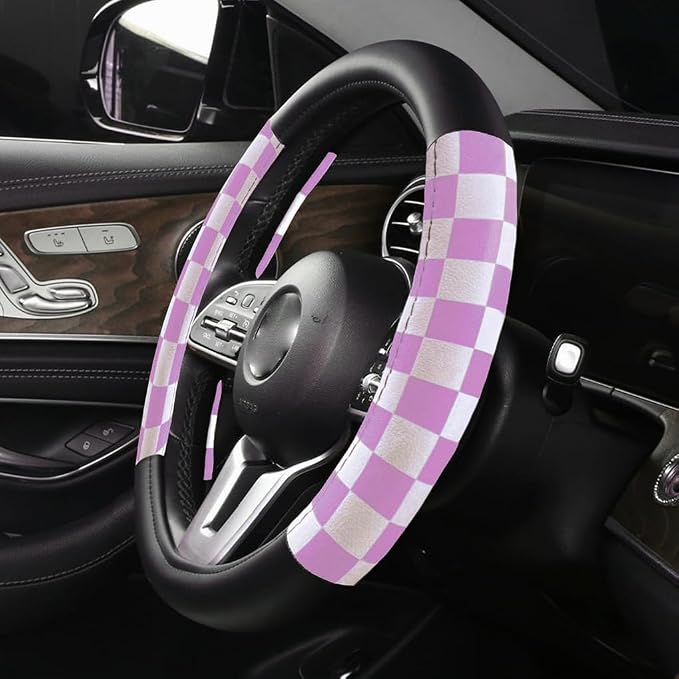 Lattice Car Steering Wheel Cover Microfiber Leather Non-Slip Comfort Universal 15 inch Checkered Plaid Wheel Protector for Truck, SUV, Cars (Pink Purple)