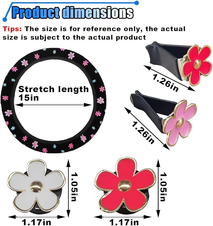 Cute Embroidery Flower Steering Wheel Cover, Non-Slip Floral Steering Wheel Protector with 4 PCS Flowers Car Air Vent Clips, Universal Car Interior Decorations for Women Girls