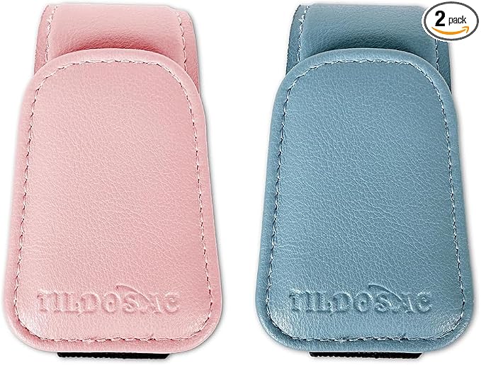 2 Pack Sunglasses Holder for Car Visor, Leather Magnetic Sunglass Holder for Car with Clip (Blue+Pink)