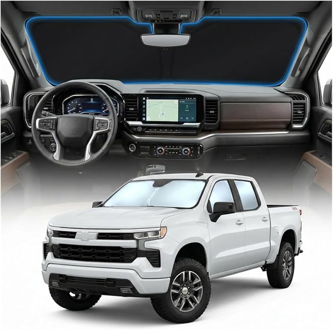 for Chevy Silverado 1500 Sun Shade Windshield Cover - Custom Fit Silverado 1500 Accessories 2019-2025 2026 Sunshade Foldable UV Protection & Heat Shield Sun Visor Accessories