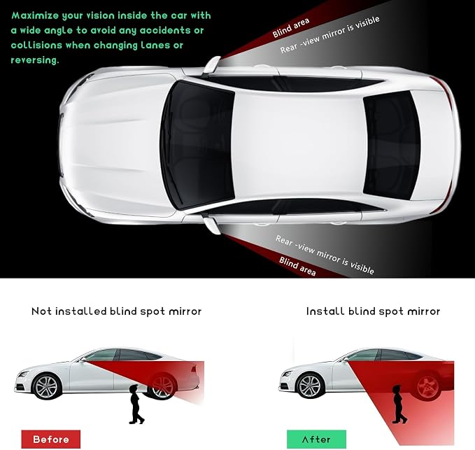2PCS Blind Spot Car Mirror, Rectangular HD Glass Wide Angle Rearview Mirror with Adjustable Stick, Long Framed ABS Housing Convex Side Rear View Mirrors for Car SUV Truck (2 PCS)