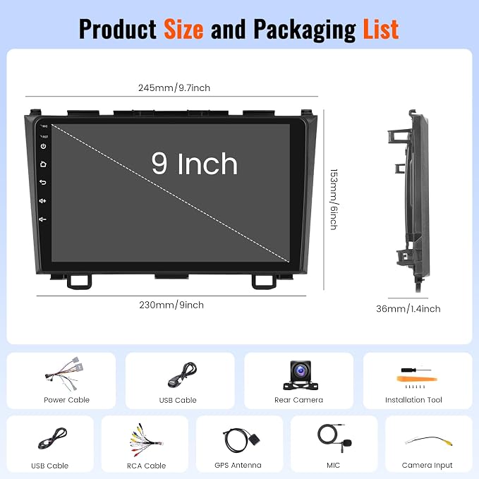 [4+64G] Android 15 Car Radio for Honda CRV 2007-2011, Car Stereo with Wireless Carplay Android Auto GPS Navigation WiFi 9 Inch Touchscreen WiFi Bluetooth FM/RDS Rear View Camera Microphone