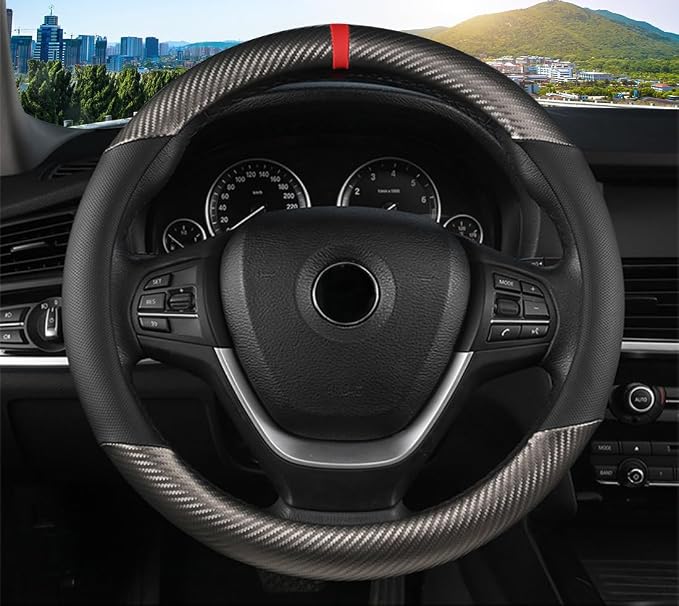Classic Carbon Fiber Steering Wheel Cover, Universal 15 inch, Breathable Microfiber Leather, Gray