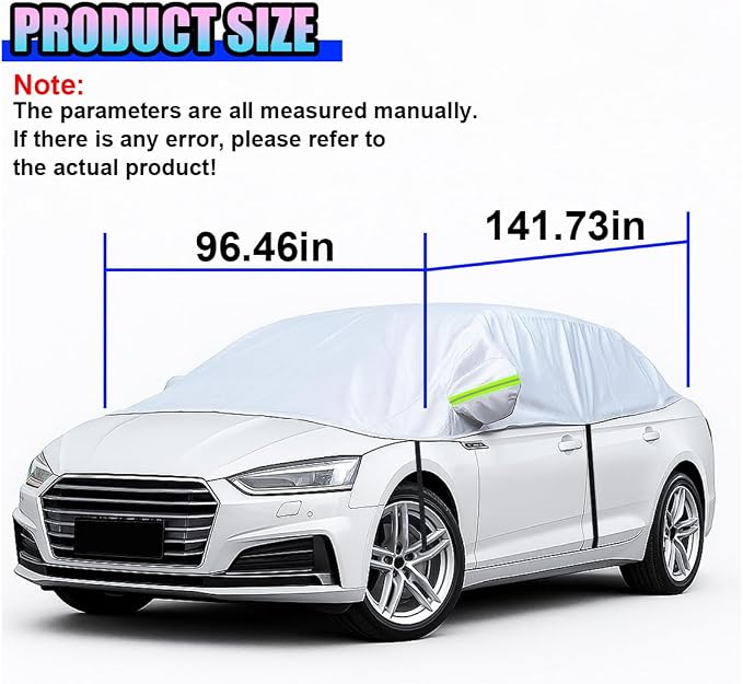 Half Car Cover for Sedan, 141.7" Windproof Windshield Cover, Dustproof Auto Sunroof Covers with Reflective Straps, All Season Universal Waterproof Vehicle Window Sun Protector(Sedan)