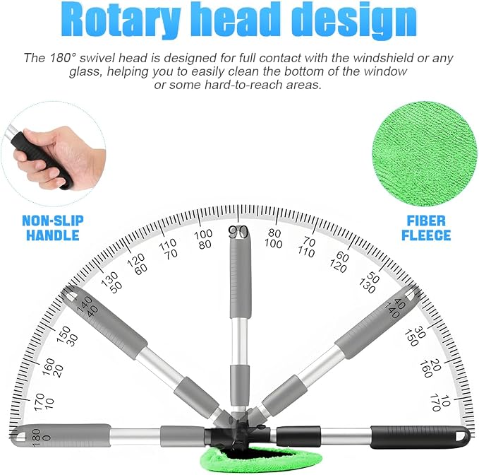 Windshield Cleaning Tool, Car Window Cleaner with Extendable Long Handle and 4 Washable Reusable Microfiber Pads, Auto Interior Exterior Glass Wiper Cleaning Kit Universal for Office and Home (Pueple)