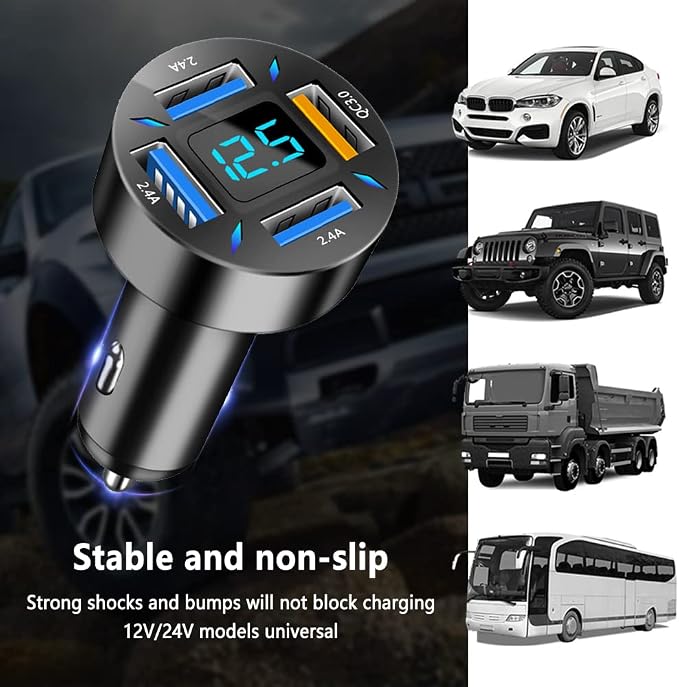 4-in-1 Car Charger 66W Super Fast Charging with USB 2.4A&QC 3.0(Voltmeter&LED Lights) Universal Quick Charge for 12-24V Car Cigarette Lighter Plug(Black-QC/2.4A)