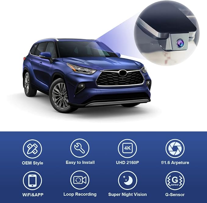 4K Dash Cam Suitable for Toyota Highlander 2020-2026 & Highlander Hybrid (Gen4/UX70), OEM Factory Look, UHD 2160P Video, Built-in WiFi & APP, Loop Recording, G-Sensor, Plug & Play, 64GB Card