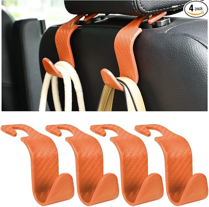 4PCS Car Seat Headrest Hooks, Auto Back Seat Hanger Holder, Durable Stylish Vehicle Organizer Universal Car Interior Accessories, Storage Hooks for Purses, Bags, Clothes (Carbon Fiber/Orange)