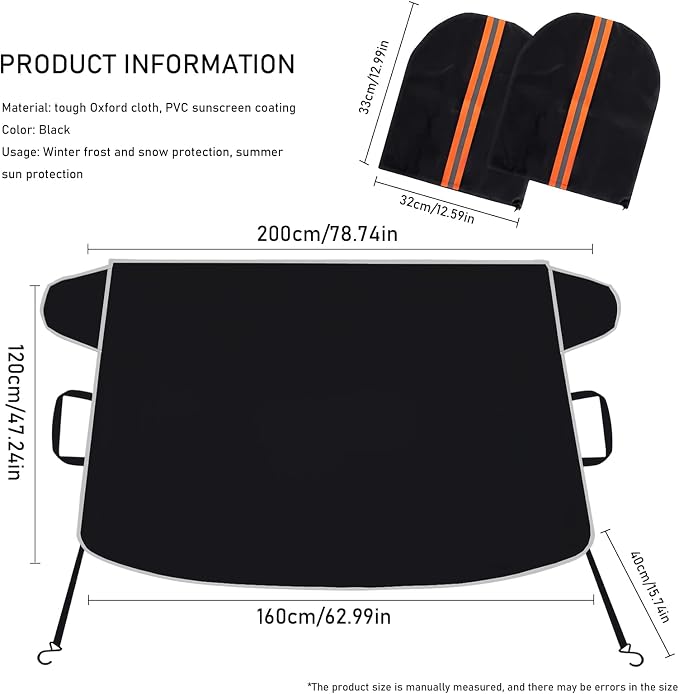 Snow Cover for Cars,Windshield Cover for ice and Snow and Ice Removal Sunshade,Frost Windshield Cover for Ice,2*Removal Side Mirror Protector,Wide Size 78"x47" inch,Black