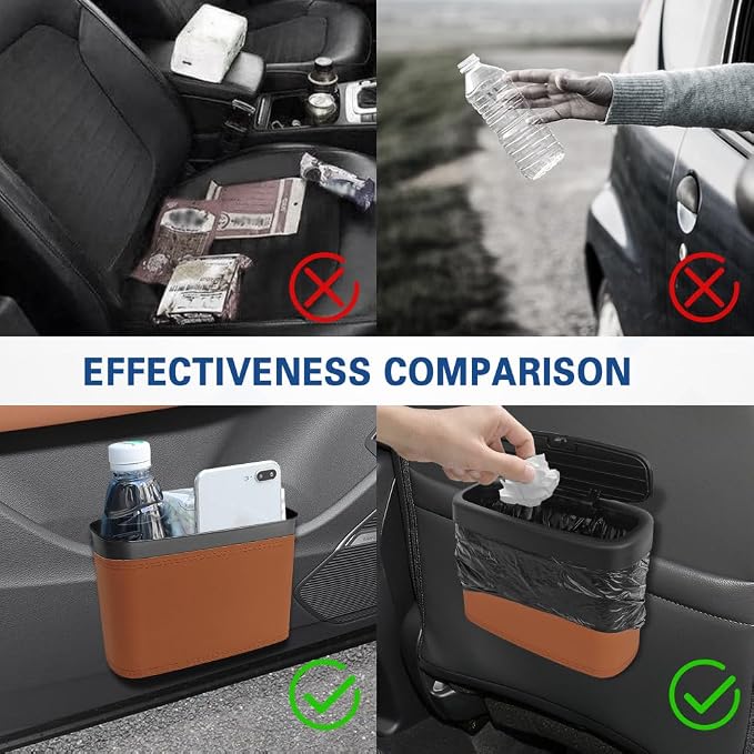 Car Trash Can with Lid, Car Trash Bin, Leakproof Vehicle Garbage Can with 30PCS Garbage Bags, Waterproof Auto Hanging Dustbin Storage Bag Container Accessories Fit SUV Office Home (Brown-1PCS)