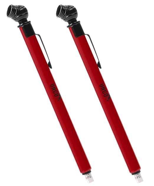 Pencil Tire Pressure Gauge, 2 Pack, 10-75 PSI, Red, Stainless Steel Body, Metal Made Nozzle, Rust and Corrosion Resistant, Pencil Air Pressure Gauge for Tires, 3 Measurements for Cars, Bikes