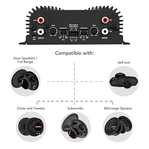 TS 400x4 2 Ohms Black Multichannel Stereo Amplifier 400 Watts Rms, 4 Channels, Full Range, Car Audio Digital 2 Bridged Channel, Crossover High/Low Pass, with RCA and Automatic High Level Input
