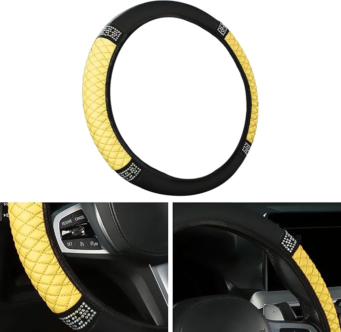 Bling Car Steering Wheel Cover, 15 Inch Rhinestones Soft Leather Elastic Steering Wheel Protector, Sparkly Crystal Diamond for Women, Car Interior Accessories for Most Cars (Yellow)