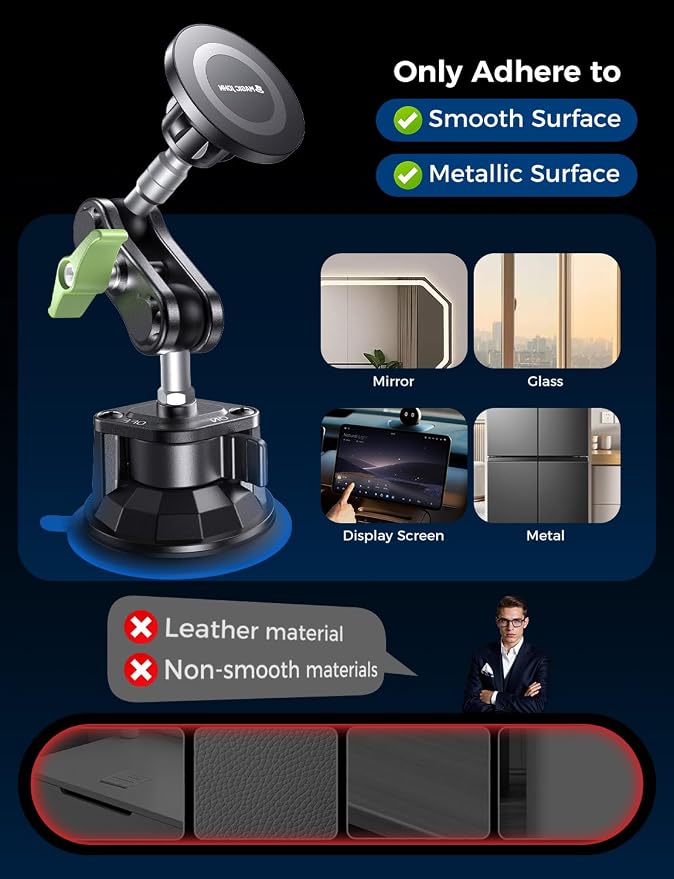 Magnetic Car Phone Holder [Strong Suction&Strong Magnetic] 360° Adjustable Car Phone Mount for Windshield, Ultra-Durable Metal, Suction Cup Car Phone Mount for iPhone Samsung All Smartphone