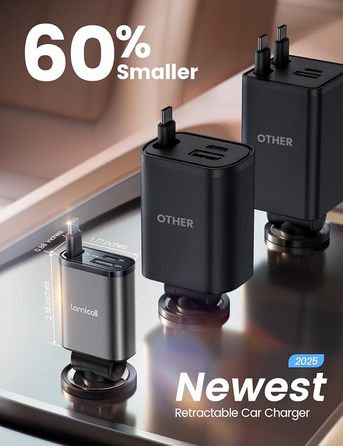 Car Charger USB C Compatible with iPhone 17 16 15 Fast Charging [Ultra-Compact, 60% Less Space] 57w Type C Retractable Car Charger Fit Samsung Galaxy S25 S24 Ultra Pixel Android - Black