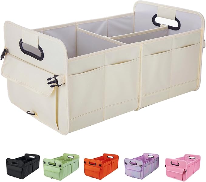 Trunk Organizer For Suv & Sedan,Car Organizers and Storage, Waterproof Collapsible & Adjustable Straps,Sturdy Car Organization for Car Accessories, Tools,Food，Sundries,2-3 Compartment（Beige）