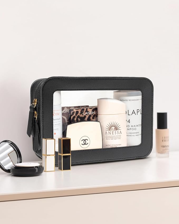 Clear Makeup Bags for Travel, TSA Approved Toiletry Bag with Zipper, Makeup Organizer Fit Carry-on Essentials, Car Accessories Organizers Storage for Women Men (Clear-Black)