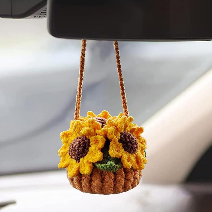Cute Crochet Plant for Car Rear View Mirror,Boho Hanging Accessories Decor | Handmade for Women Girls,Green Interior Aesthetic Decor Truck Hanger Ornament Charm for Men(Sunflower)