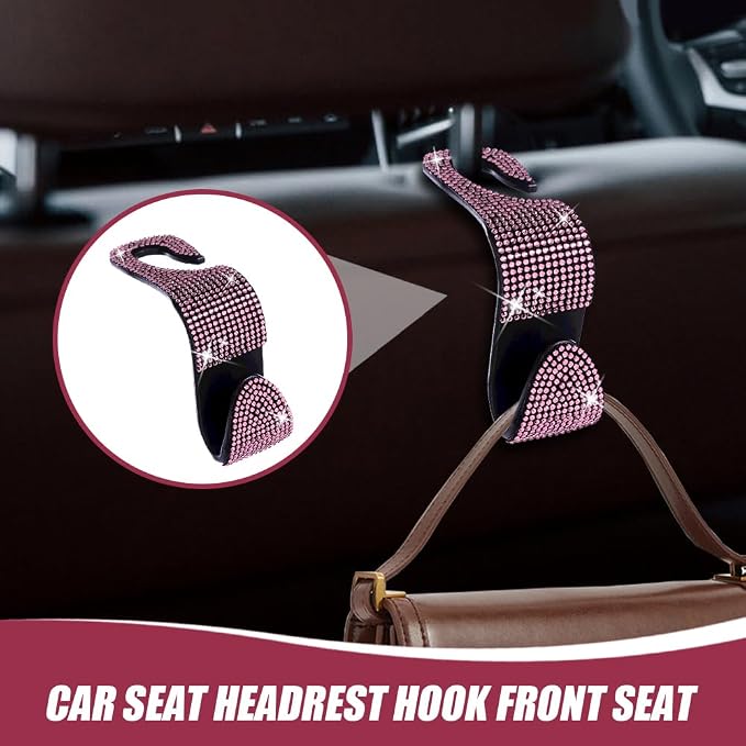 2 Pack Car Hooks, Bling Rhinestones Crystal Hooks, Auto Seat Back Organizers, Car Decorations Backseat Hanger, Car Seat Hooks Perfect for Holding Handbags, Clothes, Purses and Water Bottles