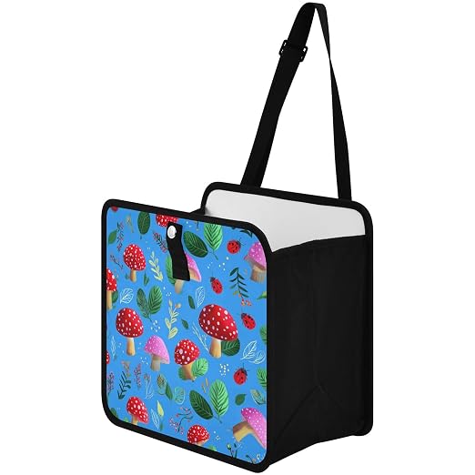 Car Trash Can Organizer Bin with Adjustable Strap for Back Front Seat Console Waterproof Leakproof Collapsible Portable 8.66 Inch Bright Blue Mushrooms Leaves and Ladybugs
