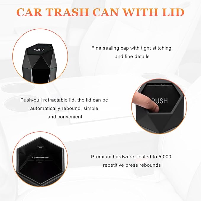 Car Trash Can with Lid, Diamond Design Leakproof Vehicle Cup Holder Garbage Can, Waterproof Trash Bin Mini Portable Garbage Organizer for Cars Homes Offices Bedrooms (Black)