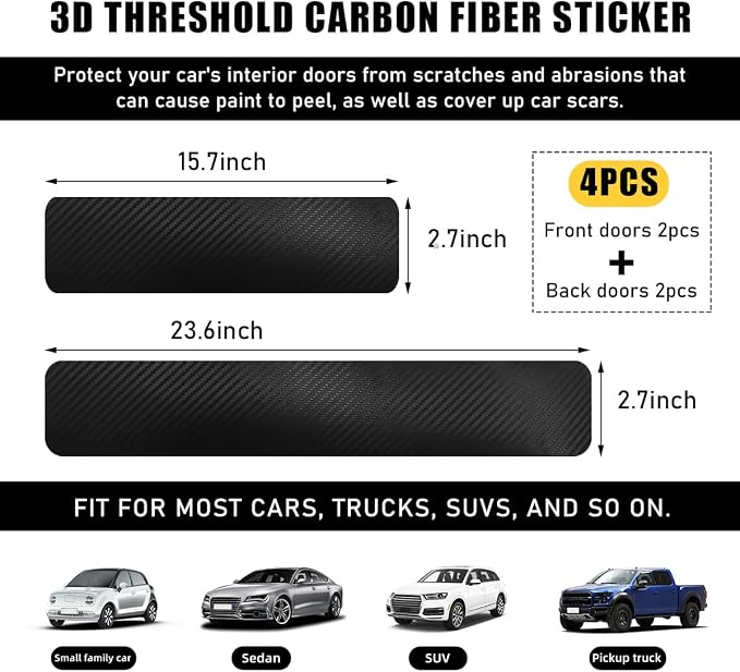 4 PCS Car Door Sill Protectors, Anti Scratch Carbon Fiber Auto Threshold Cover Strips, Decorative Door Entry Edge Scuff Sticker Universal for Most Vehicles, Car Accessories (Black 3D)