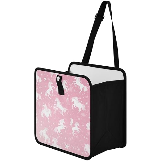 Car Trash Can Organizer Bin with Adjustable Strap for Back Front Seat Console Waterproof Leakproof Collapsible Portable 8.66 Inch Pink Unicorns Silhouette and Stars
