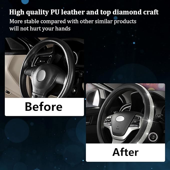 Steering Wheel Cover, Bling Crystal Rhinestones Auto Wheel Protector, Sparkly Cover Universal Fit Diverse 14.5-15 inch Steering Wheel, Interior Decor Car Accessories (Black)
