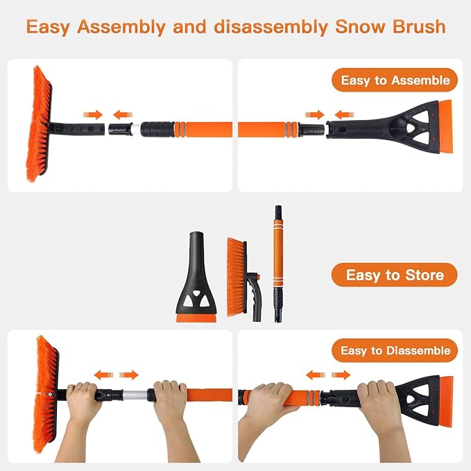 31" Snow Brush and Ice Scrapers for Car Windshield, Detachable Extendable 360° Pivoting Snow Scrapers and Brush with Ergonomic Foam Grip for Car,Truck,SUV(Orange)