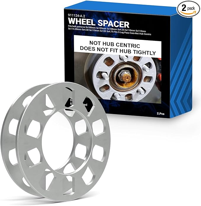 2 Pcs Die Cast Wheel Spacers 5mm 3/16" Thick Fits Bolt Patterns 5x100 5x105 5x108mm 5x4.25 5x110 5x114.3mm 5x4.50 5x115 5x120mm 5x4.75 Fits 5 Lug Pass Cars - Not Hub Centric