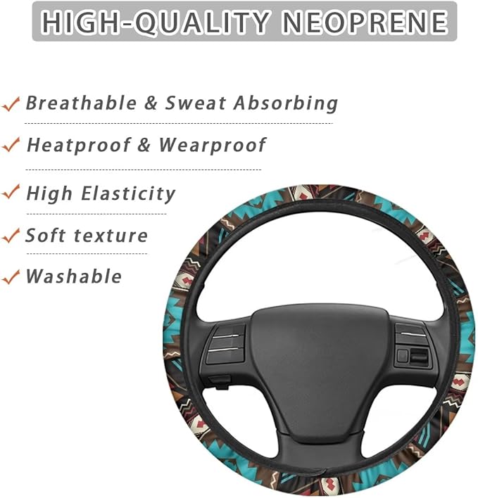 Southwest Aztec Teal Brown Car Steering Wheel Cover Soft Stretch Auto Steering Wrap Protector for Women Men, Universal Auto Accessories Fit Most Vehicles
