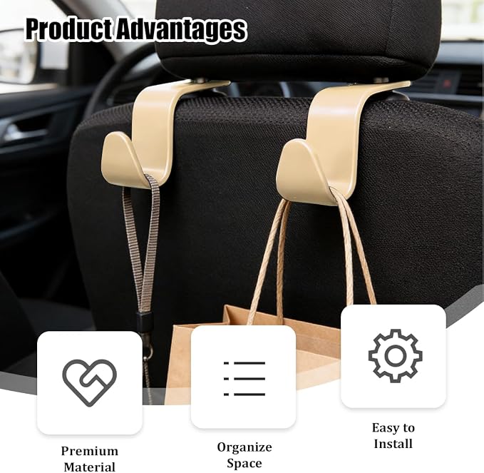 Car Seat Headrest Hook, 4PCS Vehicle Seat Back Hanger Storage Organizer for Handbag Purse Coat, Auto Interior Headrest Hook, Universal for SUV Automobile Truck (Beige)
