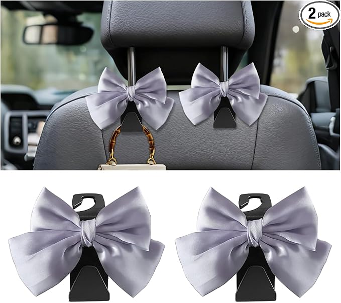 2PCS Car Seat Headrest Hook, Cute Bow Stylish Seat Back Purse Handbag Hanger Organizer, Multi-Purpose Auto Backseat Storage Hook Holder for Umbrella Coat Bag, Universal Fit (Purple)
