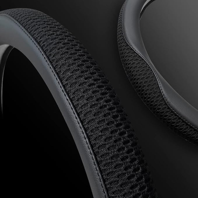 Car Steering Wheel Cover, Universal 15 inch, The Latest Microfiber Leather Breathable Technology Fabric, Non-Slip, Comfortable, Warm in Winter and Cool in Summer, Black